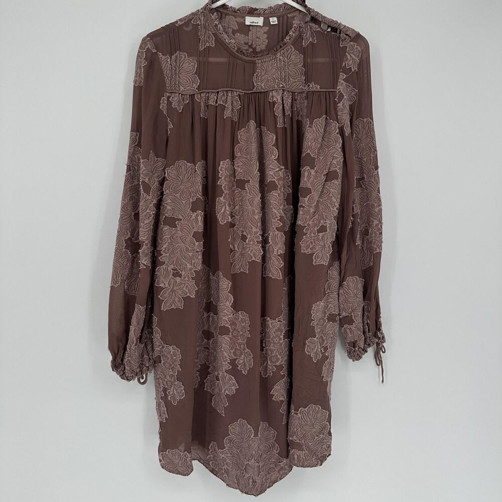Wilfred Dress Womens Small Brown Sheer Floral Embroidered Boho Tunic Mini
